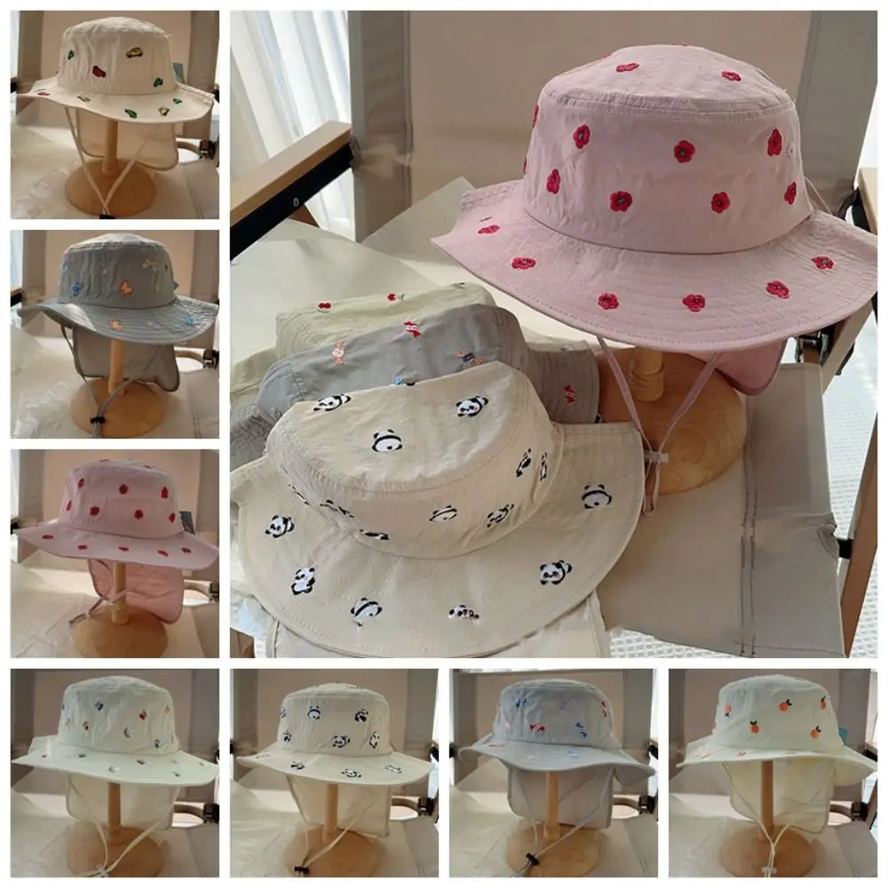 Cartoon Embroidery Children Panama Cap Quick-dry Sunscreen Kids Bucket Hat Neck Protection Wide Brim Summer Fisherman Hat Girls
