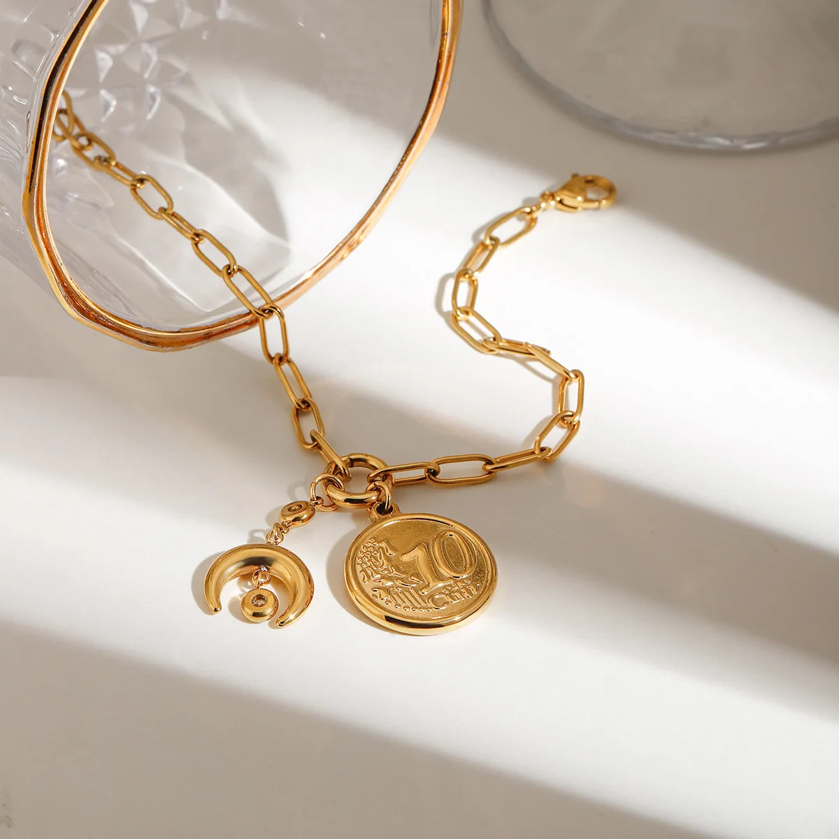 Punk Stainless Steel Stackable Circular Moon Bracelet Pendant  Bracelet Pearl Zircon Chain Bangle Women's Jewelry Gift for Her