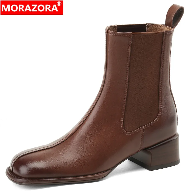 

MORAZORA 2024 New Top Quality Genuine Leather Autumn Winter Boots Female Slip On Chelsea Boots Square Med Heels Ankle Boots