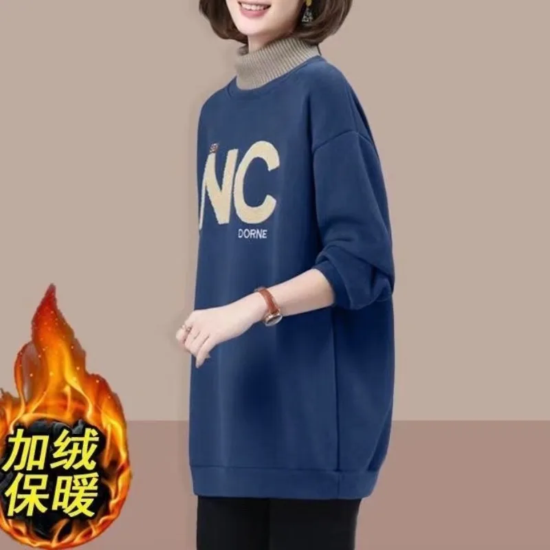 2023 Autumn and Winter Women's Solid Color Panel Turtleneck Long Sleeve Pullover Sweater Letter Plus and Thicken Casual Tops