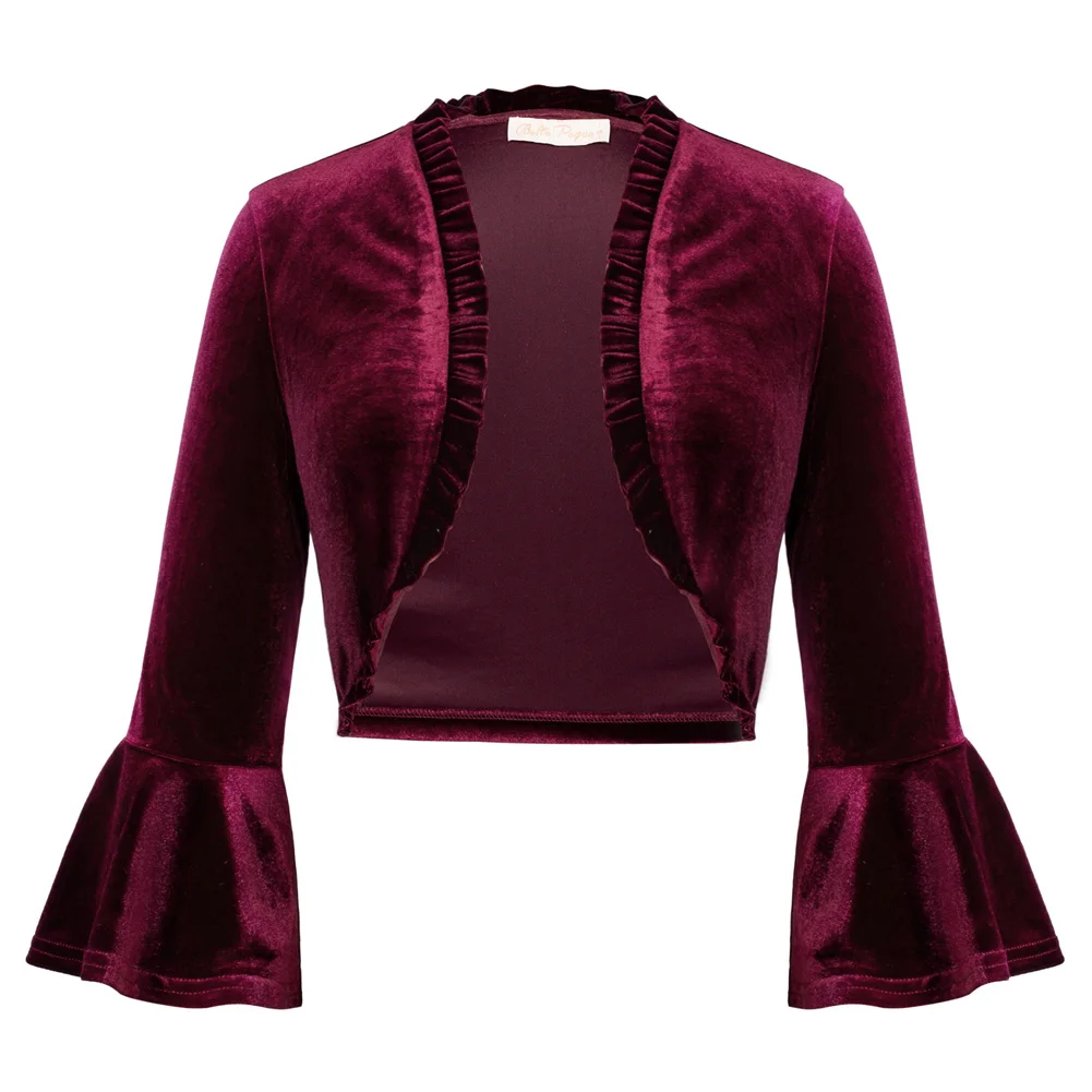 

BP Women Jackets Vintage Velvet Shrug 3/4 Sleeve Open Front Ruffled Trim Bolero Fashion Spring Autumn Casual Street Tops