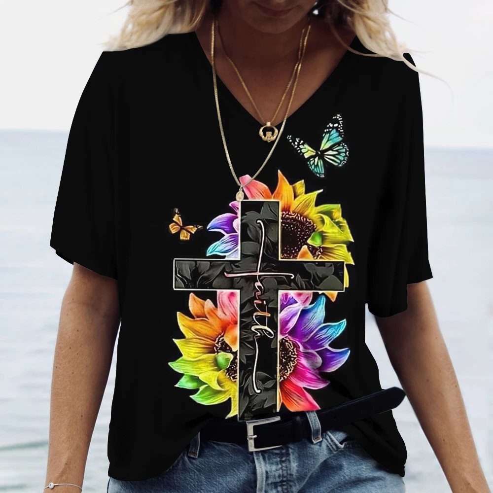 Gesù Cristo T-shirt da donna con scollo a V in cotone Pullover Haruku Abbigliamento Estate Camicia a maniche corte oversize Donna Casual801_voghion.com