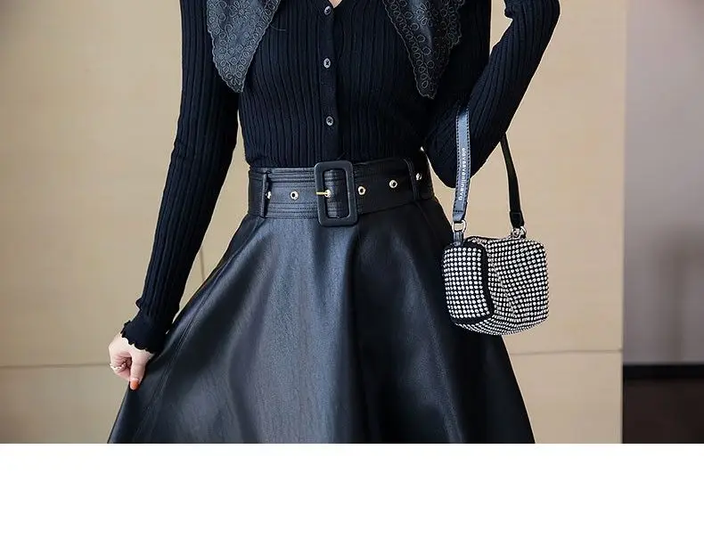 Leather half body mid to long length, 2024 spring slim, big swing A-line high waist umbrella autumn and winter half skirt