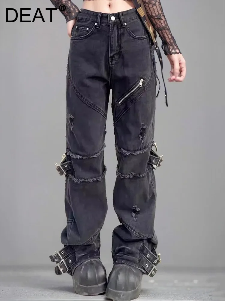 

DEAT vintage fashion women's plush edge zipper design jeans 2024 spring trendy high waist straight denim pants female 33A1175