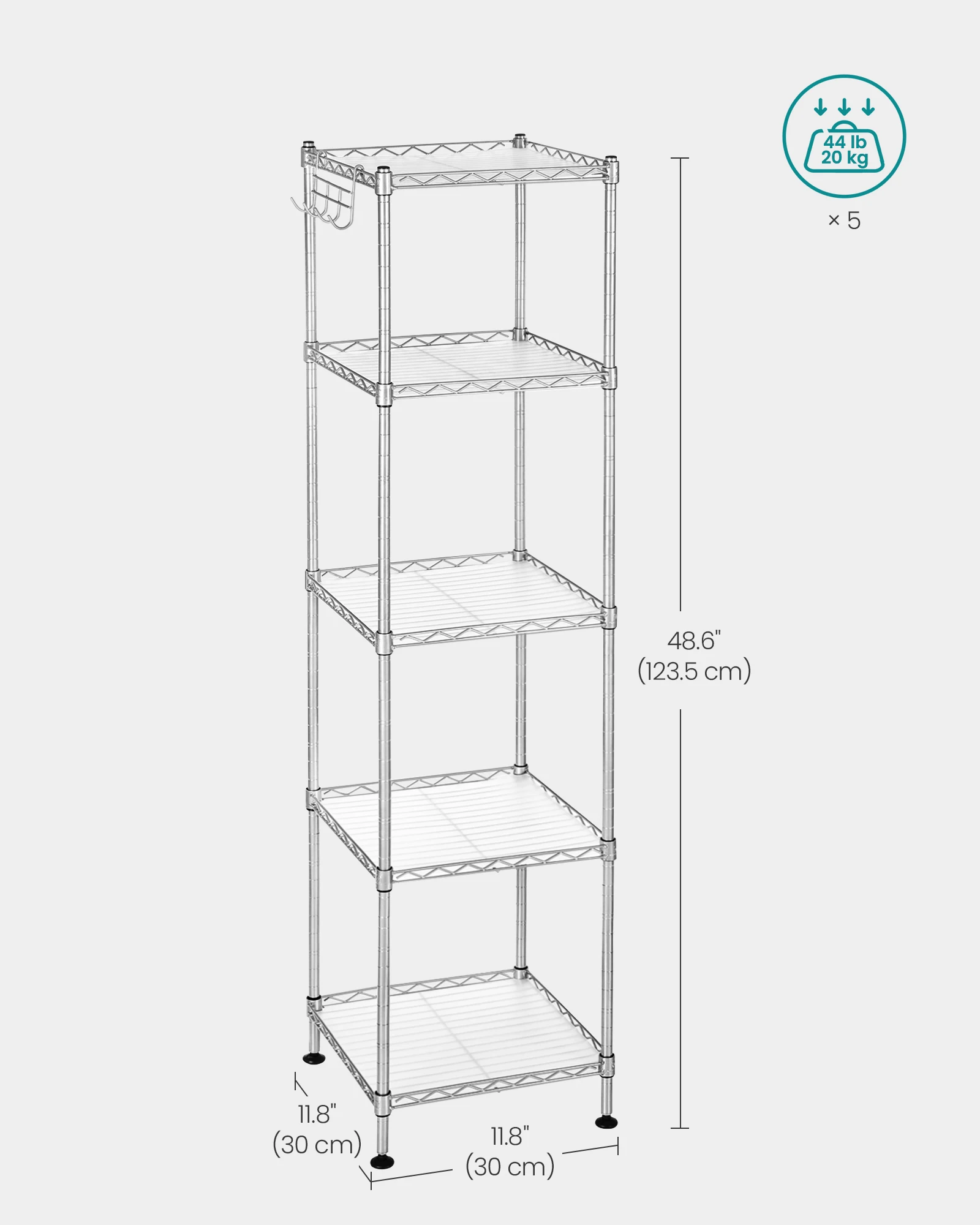 SONGMICS 5-Tier Bathroom Shelf, Storage Rack for Small Space, with 5 PP Shelf Liners, Removable Hook, Extendable Design 6