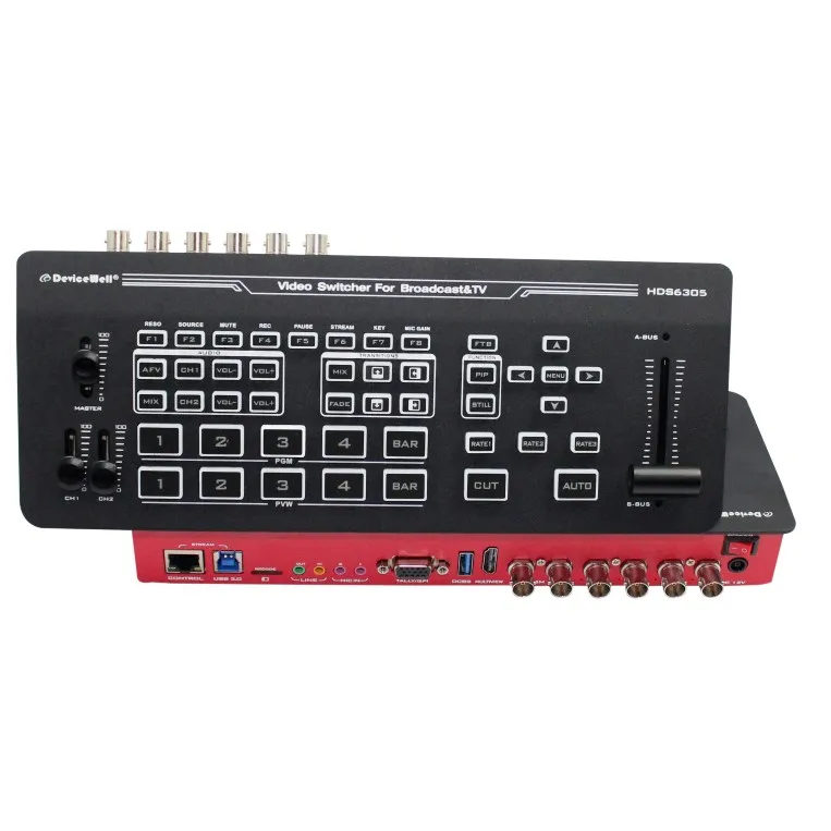DeviceWell 스트림 레코드 PIP 크로마 T 바 HD 라이브 비디오 믹서, 4-CH SDI UVC RTMP, HDS6305