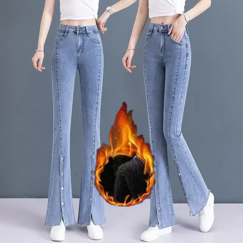 

Plus Velvet High Waist Split Jeans Women Korean Fashion Winter Warm Denim Flare Pants Casual Stretch Baggy Ankle-Length Pants