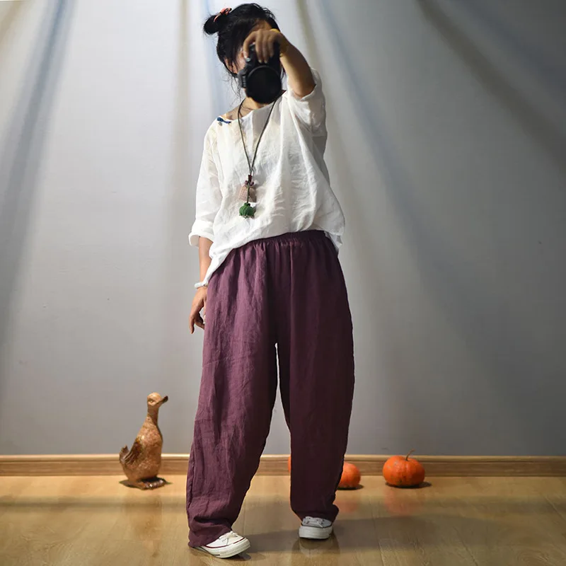 Full Length Retro Elastic Waist Cotton Linen Wide Leg Pants 2022 Spring New Loose Vintage All-match Women Pants RV713 cargo capris