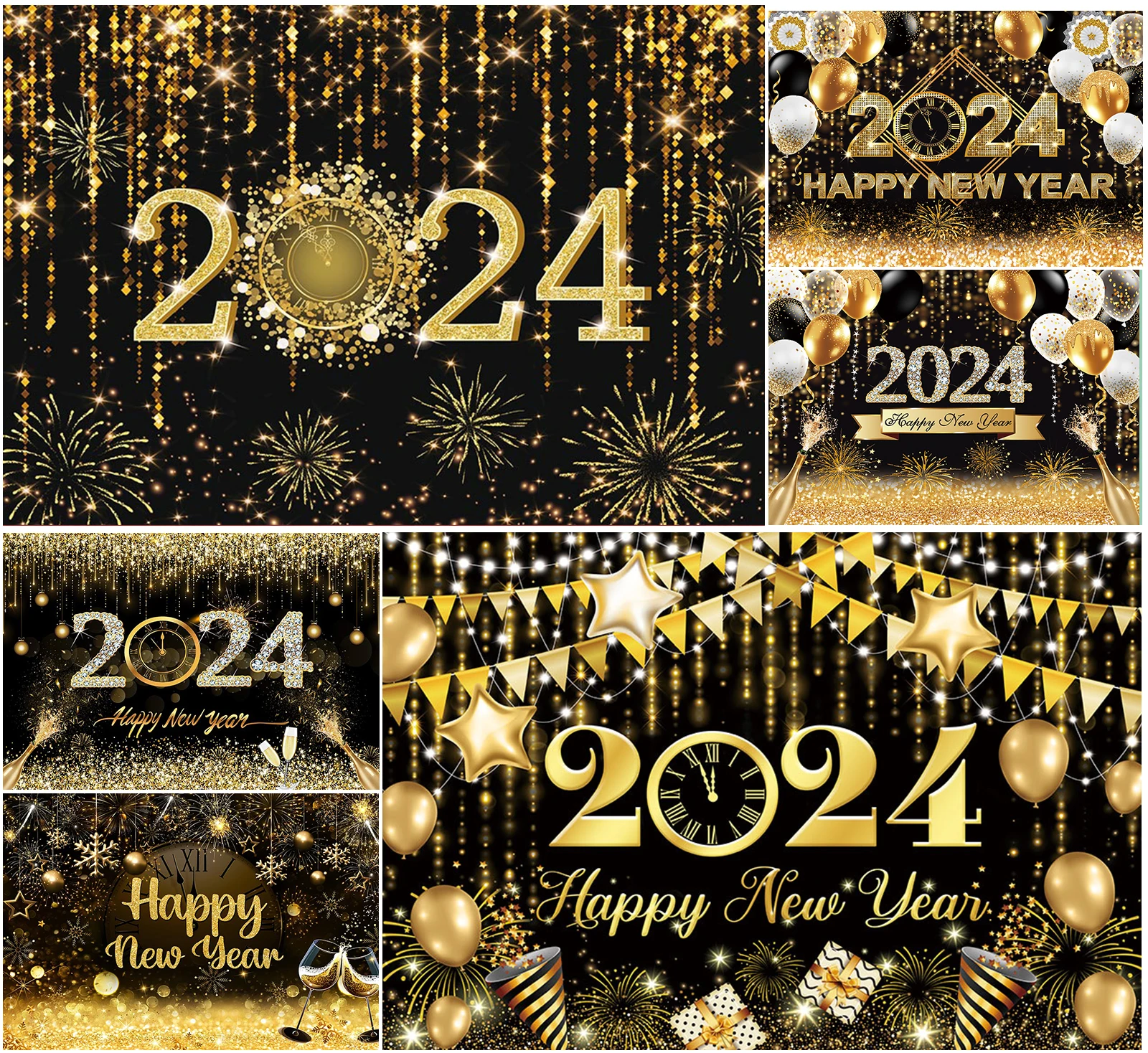 

Happy New Year Photography Backdrop 2024 Glitter Gold Champagne Balloons Fireworks Party Photographic Background Photo Props