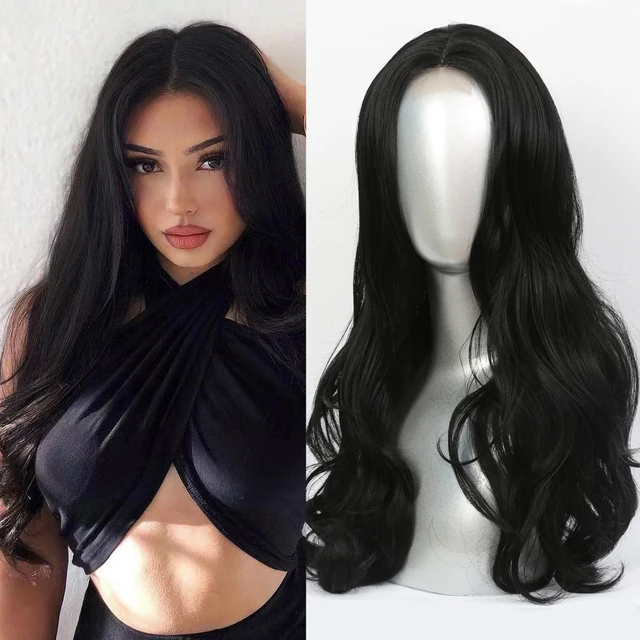 Synthetic Lace  Wigs For  Women  Middle Parting  26inch Long Wavy Hair Cosplay/Daily  3 Color optional   High Temperature Fiber 177-GX2399-1B