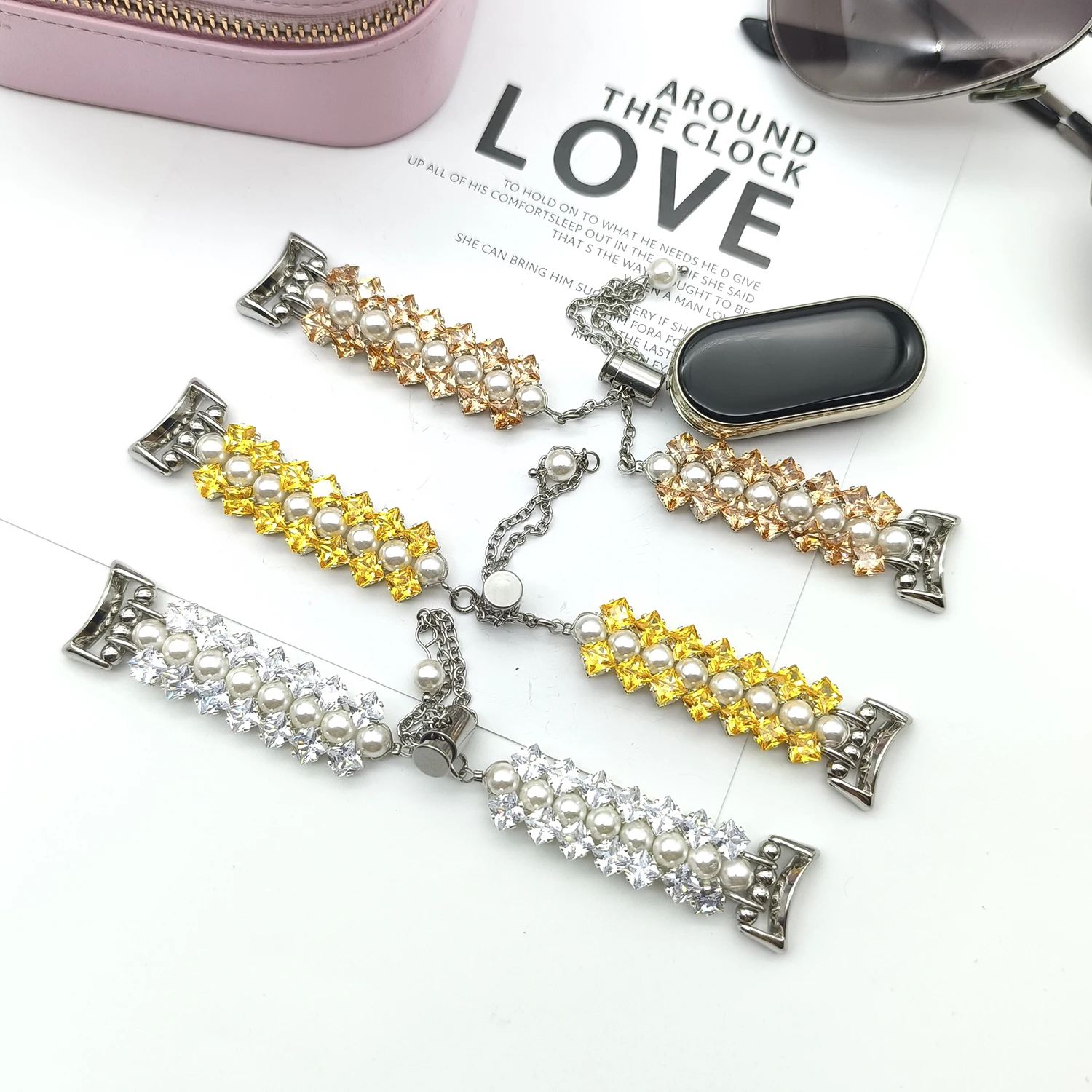 Doppeltes Diamant-Perlenarmband für Huawei Band 8 9 10 Fit3 4 4pro Damenarmband für Xiaomi Band 8 9 10 8/9pro Universal 18 20 22 mm