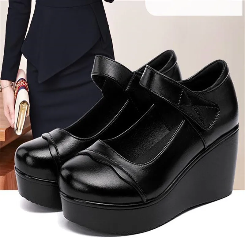 

2024 autumn leather women platform shoes high heels round toes ankle strap black women pumps big size 35-43