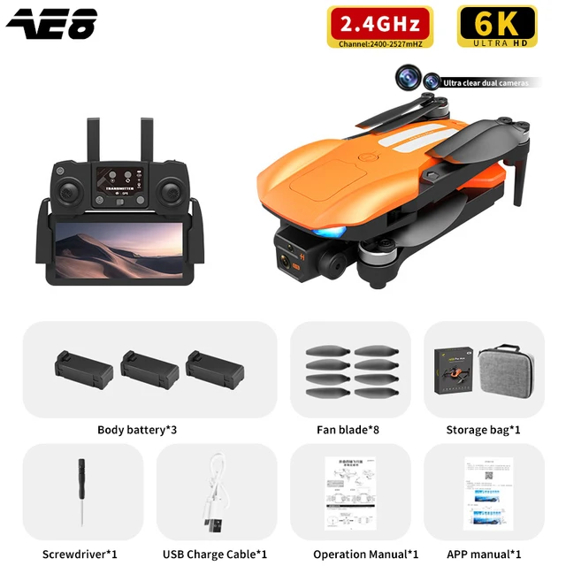 AE8 Pro Max Obstacle Avoidance Drone GPS Positioning Drone Brushless Motor Quadcopter 8K HD Aerial Photography RC Airplane ToyOrange