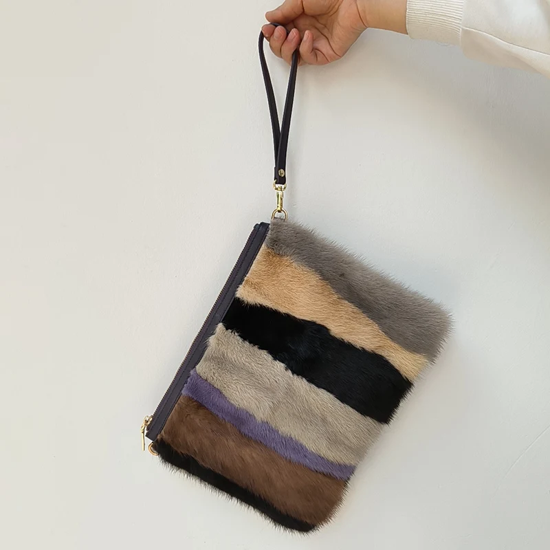 High Quality Real Mink Fur Handbag Women Casual Long Belt Genuine Fur Shoulder Bag Genuine Tote Bags Femme