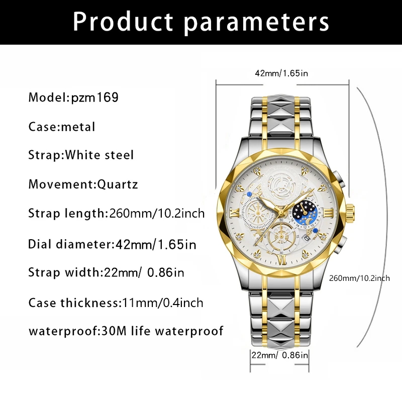 PAAZOMU Luxury Man Wristwatch Waterproof Luminous Chronograph Watch for Men Stainless Steel Men's Quartz Watches reloj hombre