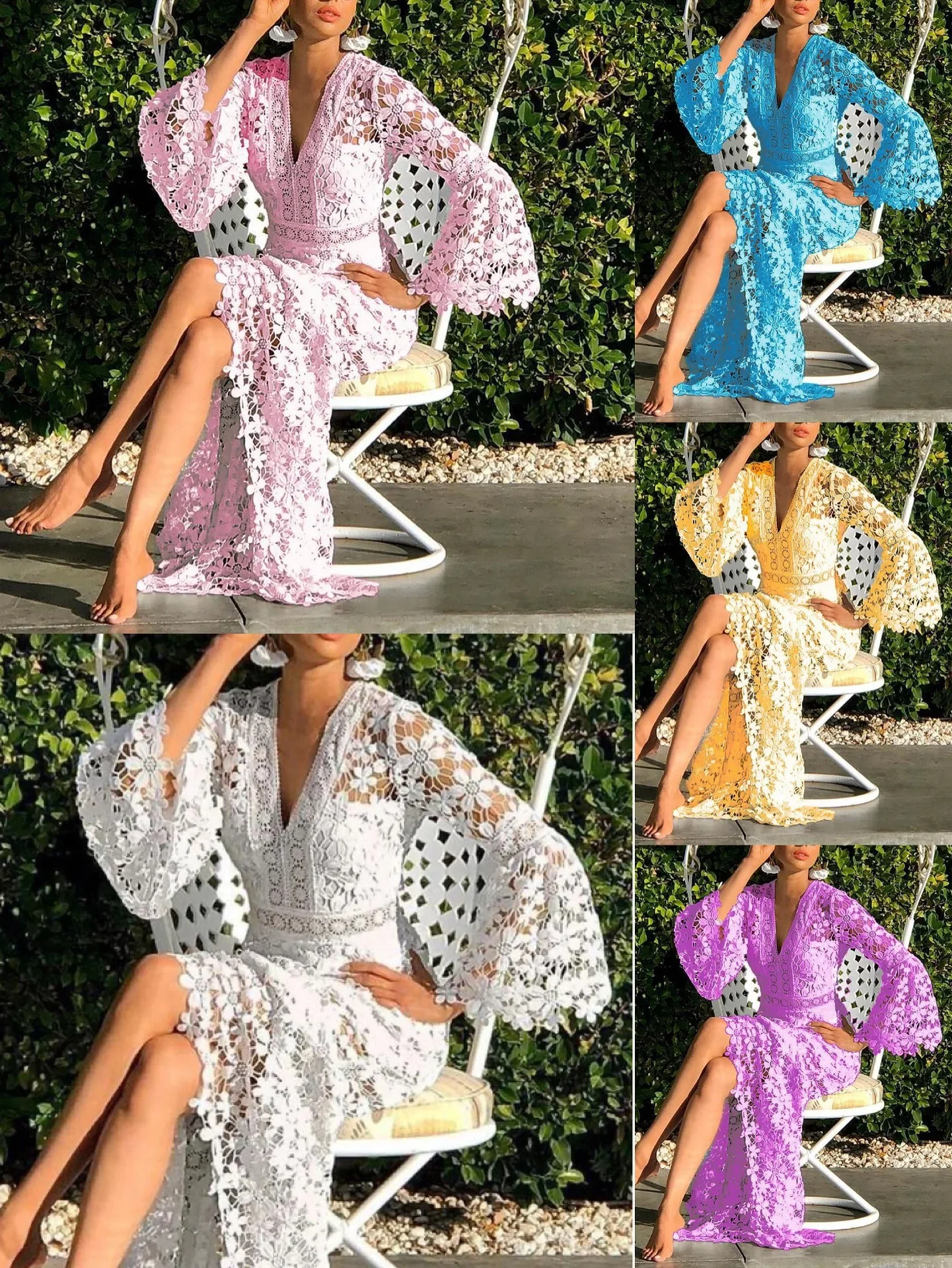 Abito Lungo Maxi Donna Floreale – Scollo A V, Maniche A Sbuffo, Cintura Inclusa – Stile Boho – Primavera Estate