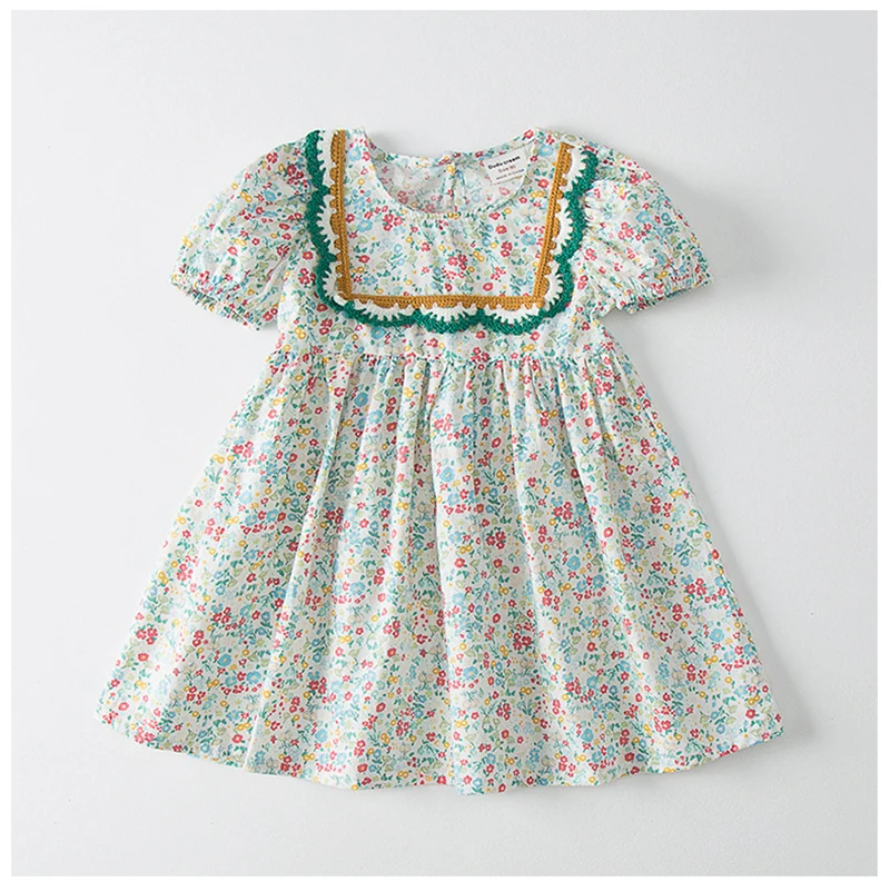 Kids Floral Princess Dress   Bohemia Girls Summer Lace Korean Children's Round Neck Short-Sleeved Boho Sweet Print Boatneck Dresses for Bohemian Girl in Green