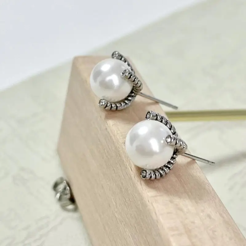 925 Sterling DY Gold Hook Twisted Wire Buckle Pearl Earrings Silver with 14K Yellow Plated