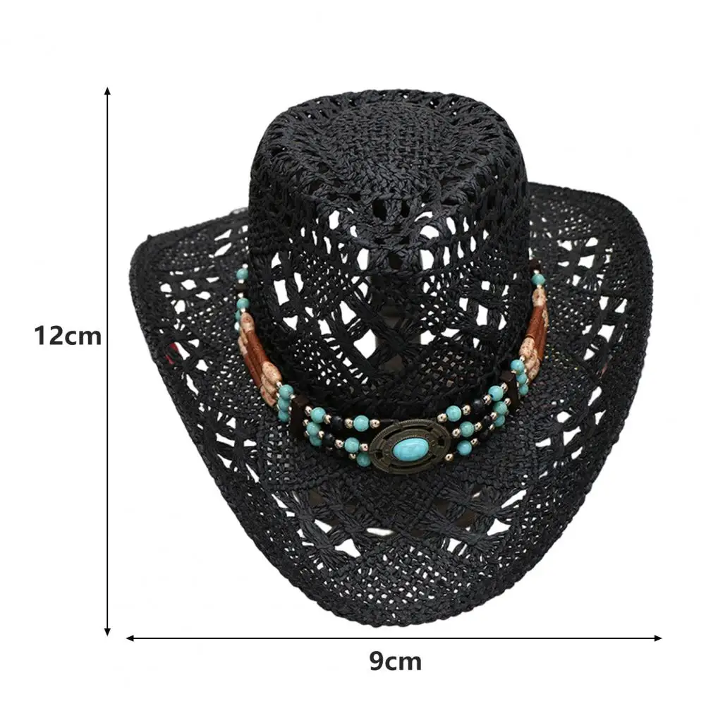 Unisex Straw Cowboy Hat with Decorative Bands Hollow Breathable Design Ultralight Cowgirl Woven Sun Hat