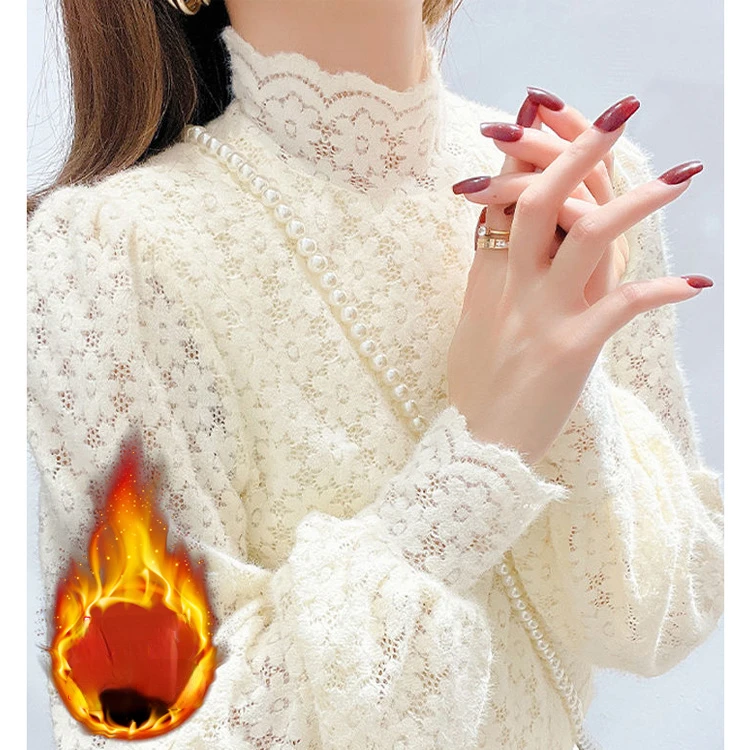 

Бархатная кружевная нижняя рубашка, Женская осенне-зимняя блузка с рукавами-фонариками и высоким воротником, женская одежда