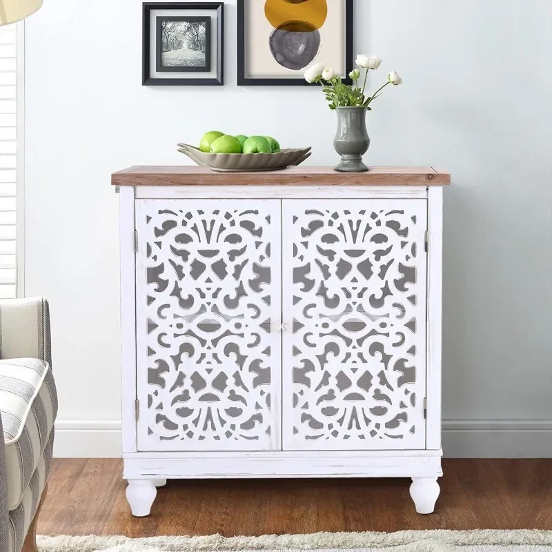 

Sideboard and Buffet with Storage, 3-Door Hollow-Carved Accent Cabinet, Distressed Wood Storage Cabinet Cupboard