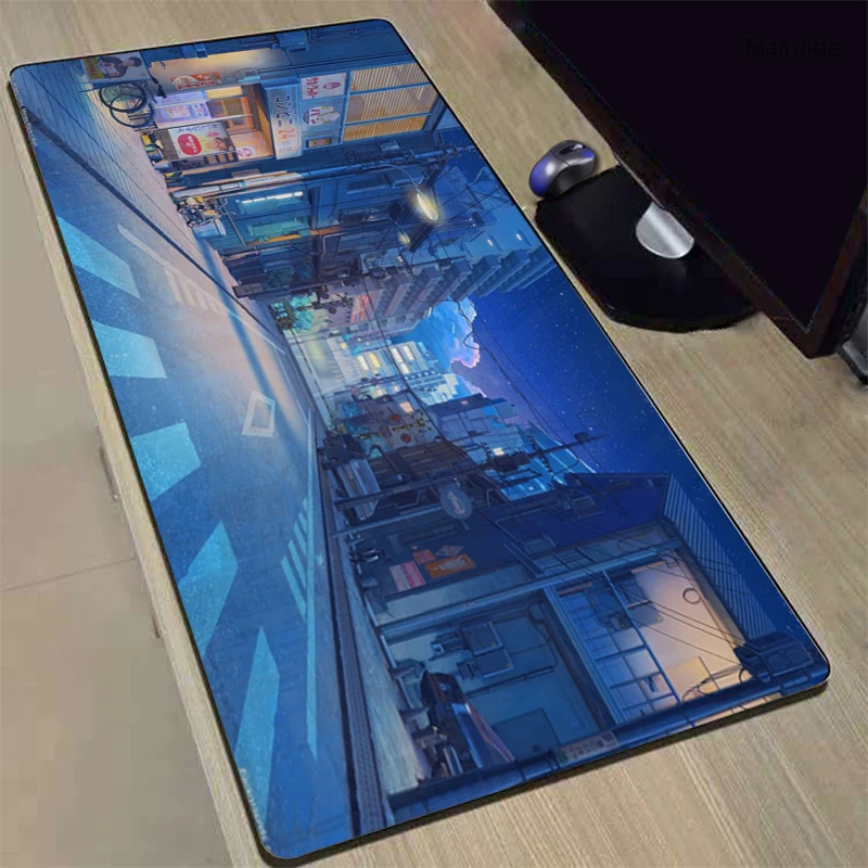 

Mairuige Anime Night Large Gaming Mouse Pad Rubber Mouse Deco Office Work Mousepad City Scenery Desk Mat Locking Edge for LOL