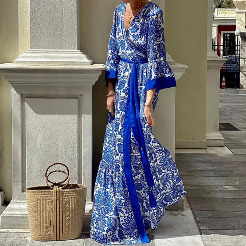 

Vintage Pattern Print Bohemian Long Dress Women Spring V Neck High Waist Belted Party Dress Summer Flare Sleeve Loose Maxi Dress