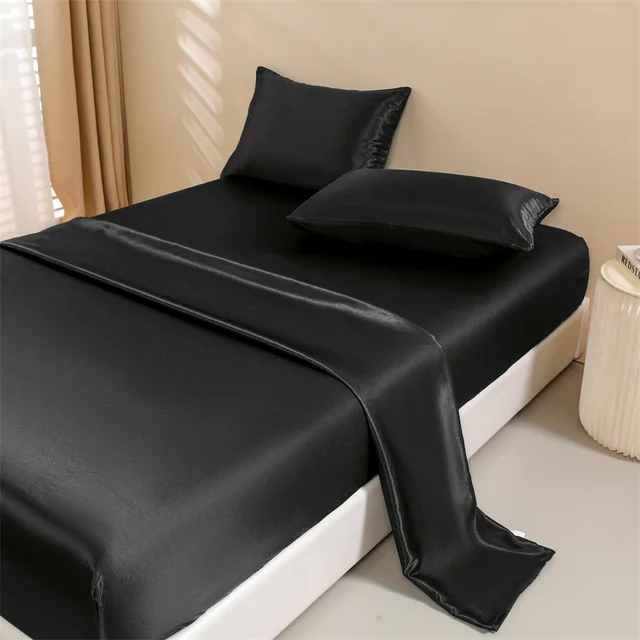 Draps de lit en satin, ensemble de draps queen size, ensemble de literie soyeux 4 pièces, 1 drap-housse à poche profonde + 1 drap plat + 2 taies d'oreiller 4