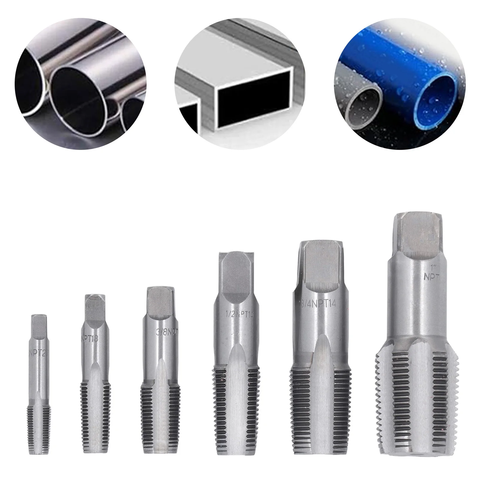 6PCS 파이프 탭 NPT 1인치 3/4인치 1/2인치 3/8인치 1/4인치 1/8인치 탄소강 나사 탭핑 도구 키트 PVC 파이프용 NPT 탭 세트 배관 탭