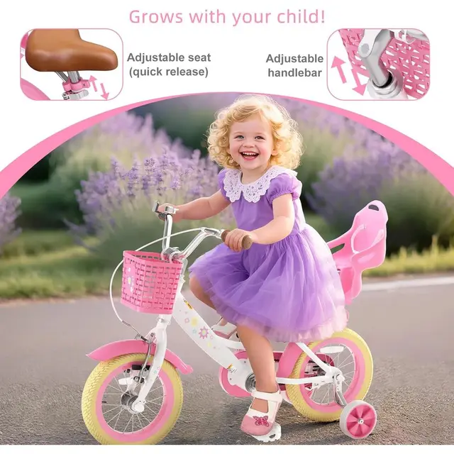 Girls' 12-16 Inch Bike with Training Wheels, Doll Seat, Basket, and Adjustable Seat for Ages 2-9