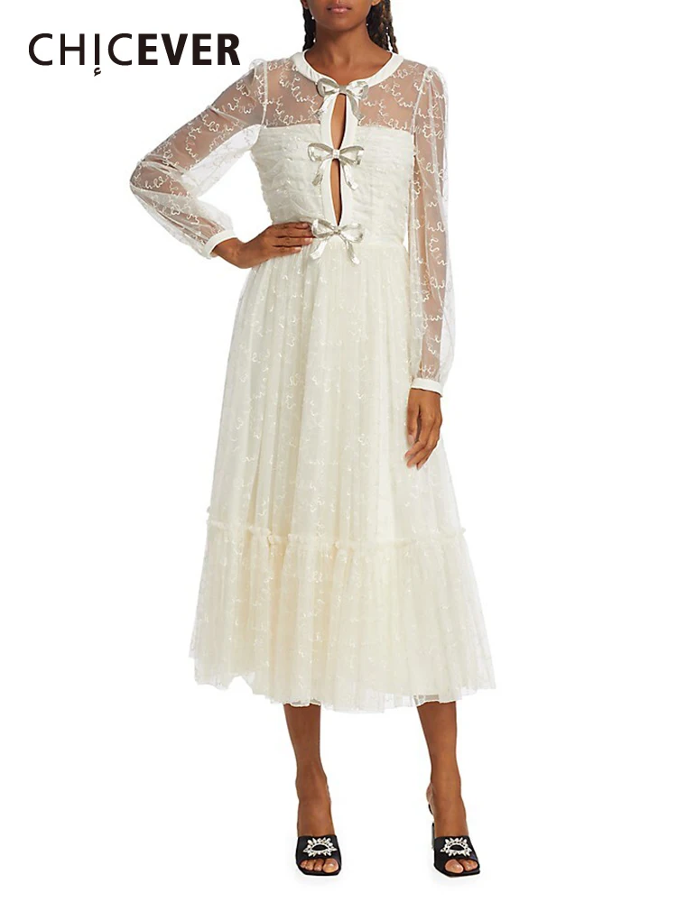 

CHICEVER Patchwork Mesh Elegant Dresses For Women Round Neck Long Sleeve High Waist Spliced Bow Autumn Casual Midi Dress Female