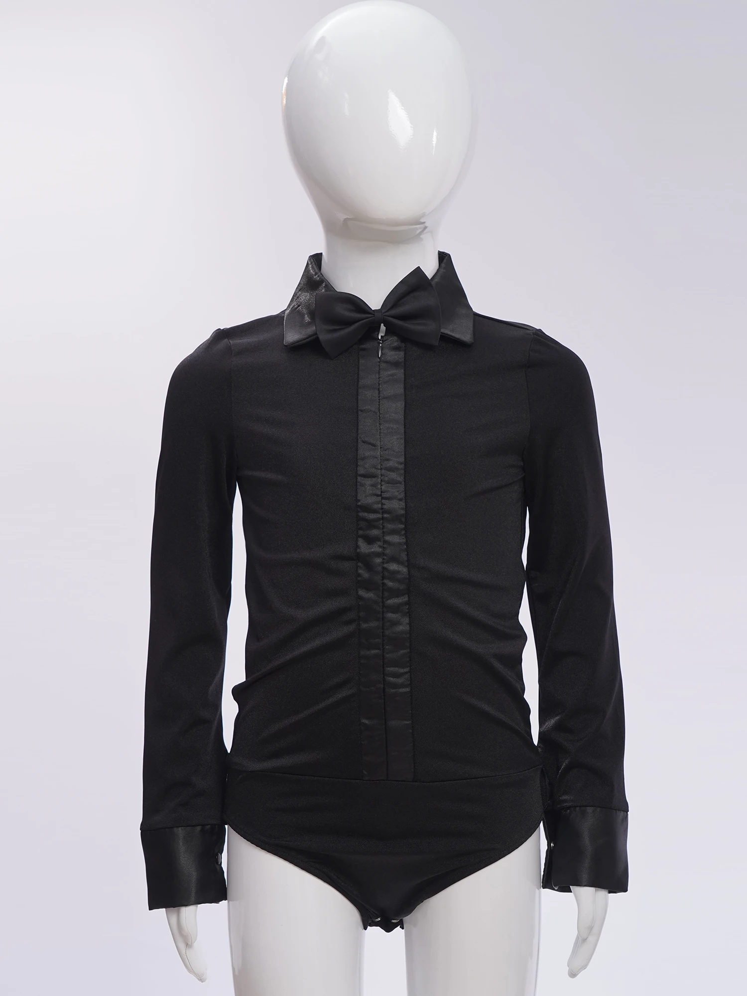 Kids Boys One-Piece Latin Dance Bodysuit Top Modern Costume Long Sleeve Bowtie Romper Shirt Leotard Child Salsa Tango Dance Wear dance bodysuit