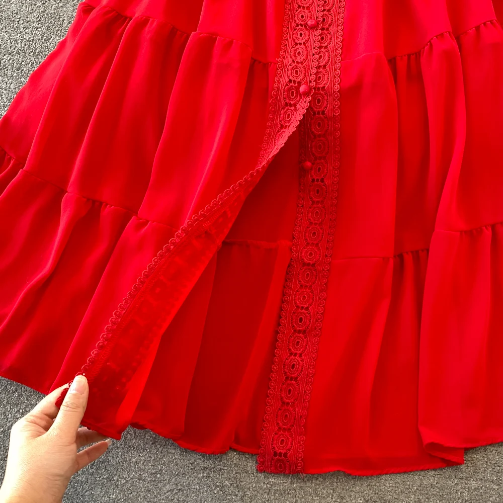 New Women Vintage Party Dress Summer Puff Sleeve Sexy V Neck Lace Single-breasted Long Dresses Ladies A Line Elegant Long Robe