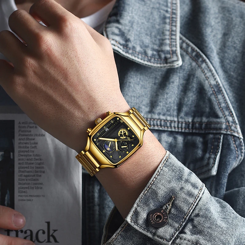 NIBOSI Brand Luxury Chronograph Quartz Watch for Men Gold Stainless Steel Strap Waterproof Fashion Moon Phases Watches Mens