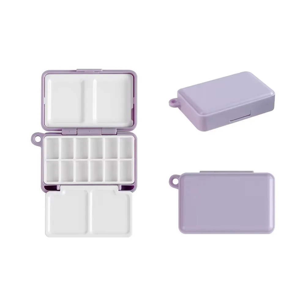 Mini Portable Travel Plastic Painting Box Palette 12 Grids Watercolor Paint Subpackage Purple Pigment Box
