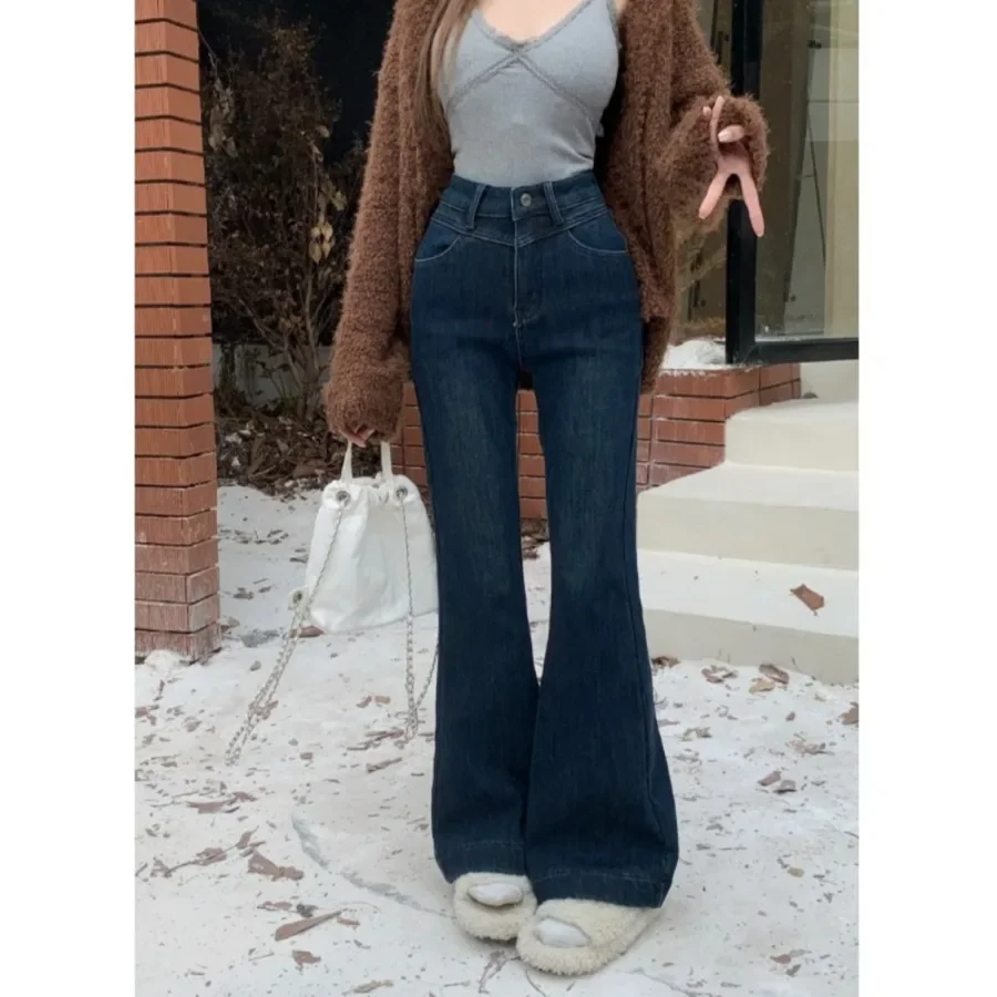

Winter Warm Fleece Flared Jeans Pant Elegant Slim Long Pants Women y2k Clothing Brushed Pants with Pocket Thick Stretch 2023 new