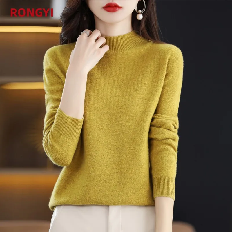 

RONGYI 100% Merino Wool Cashmere Sweater Women Knitted Turtleneck Long Sleeve Pullovers Autumn Winter Clothing Warm Jumper Tops
