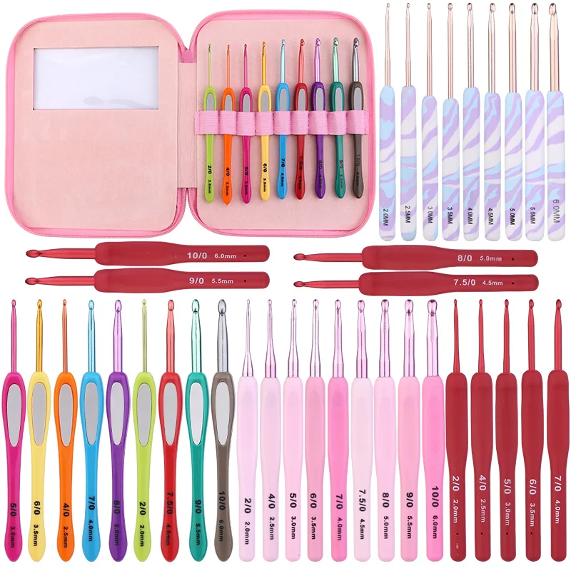 

Nonvor 9Pcs/Set Aluminum Crochet Hooks TPR Soft Handle Knitting Needles Set 2.0-6.0mm for Weaving DIY Accessories with Pink Bag