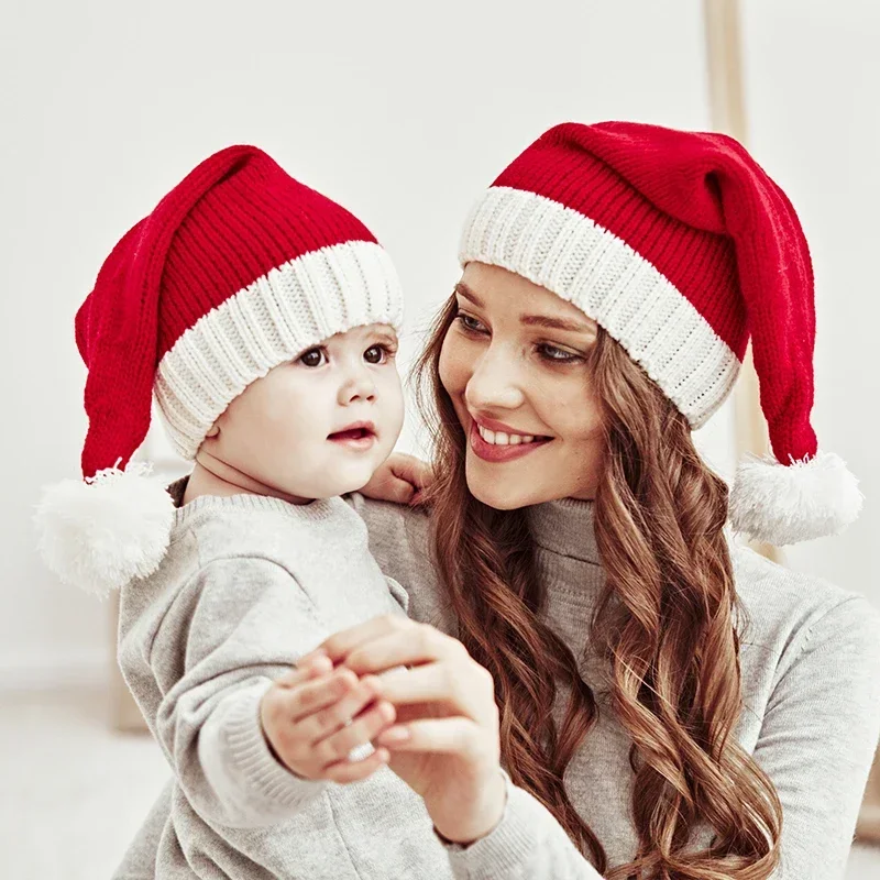Parent-Child Christmas Hat Family Matching Pompom Hats Mother Baby Knit Cuffed Autumn Winter Soft Slouchy Warm Christmas Hat