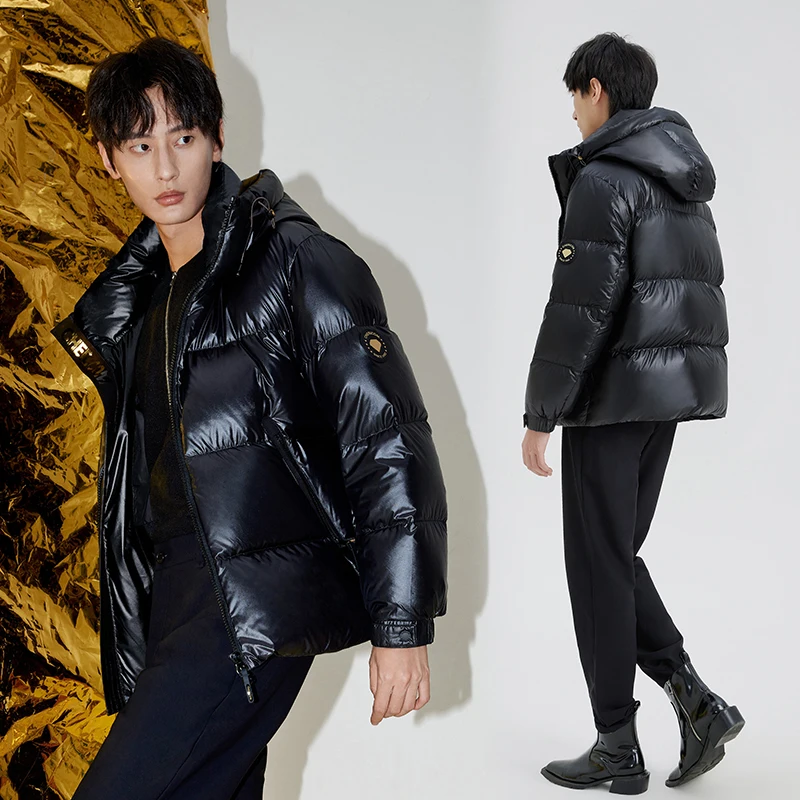 Chericom Men's Winter Down Jacket Short Hooded Goose Down Thick Warm Puffer Coat Solid Zipper Pocket Design Padded Jacket 299630