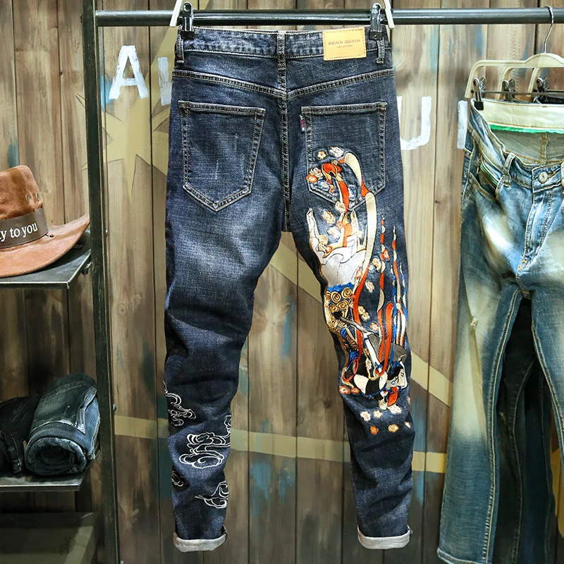 Summer 2021 Hot Heavy Embroidery Black Men's Jeans Small Feet Slim Brand Authentic High-end Stretch Pants Korean Chinese Style