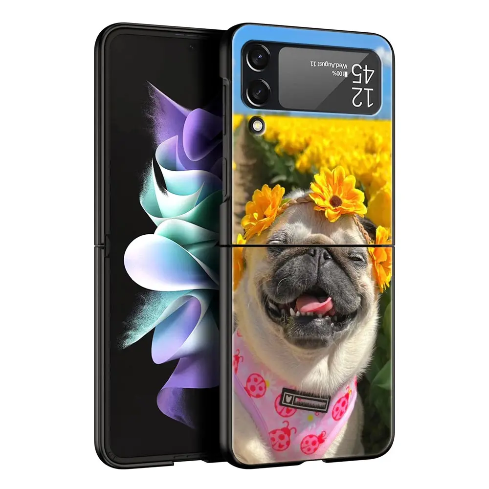 Folding Black Shell Phone Case with Cute Pug Design - PC Hard Cover