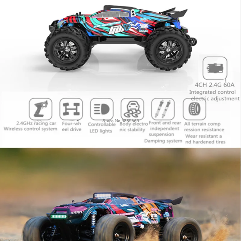 전문 4WD 브러시리스 오프로드 RC 레이싱 트럭, 90 km/h 유압 완충기, 방수 ESP LED 조명, 라디오 제어 트럭