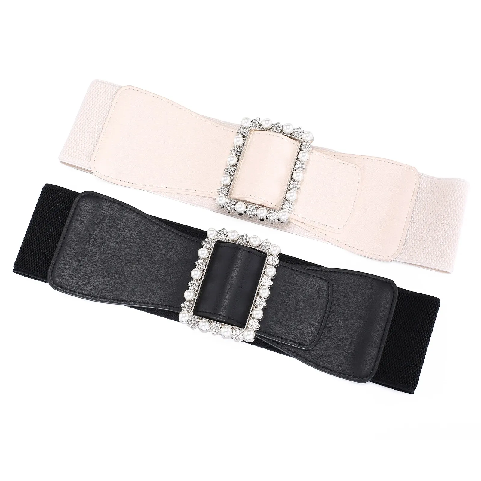 1pc Women's Belt Fashionable Pearl Buckle Shaping Belt Versatile Elastic Elastic Belt Pu Leather Wide Waist Seal With Dress Coat