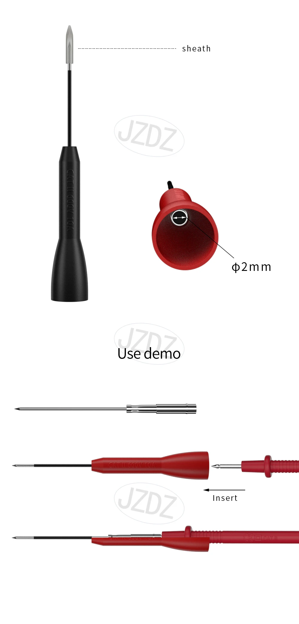 JZDZ 10 Stück 1 mm Prüfspitze, Isolations-Multimeter-Nadel, Edelstahl-Prüfstift für 2 mm Prüfleitungen J.30038 – Detail 2