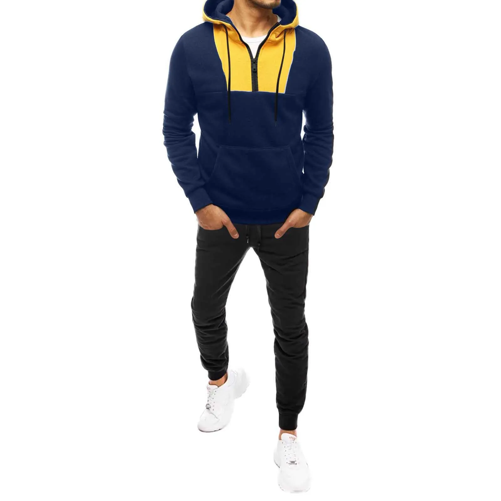 2023 Autumn/Winter New Men's Neckline Zipper Color Block Pullover Hooded Sports Men's Sports Set Sweater