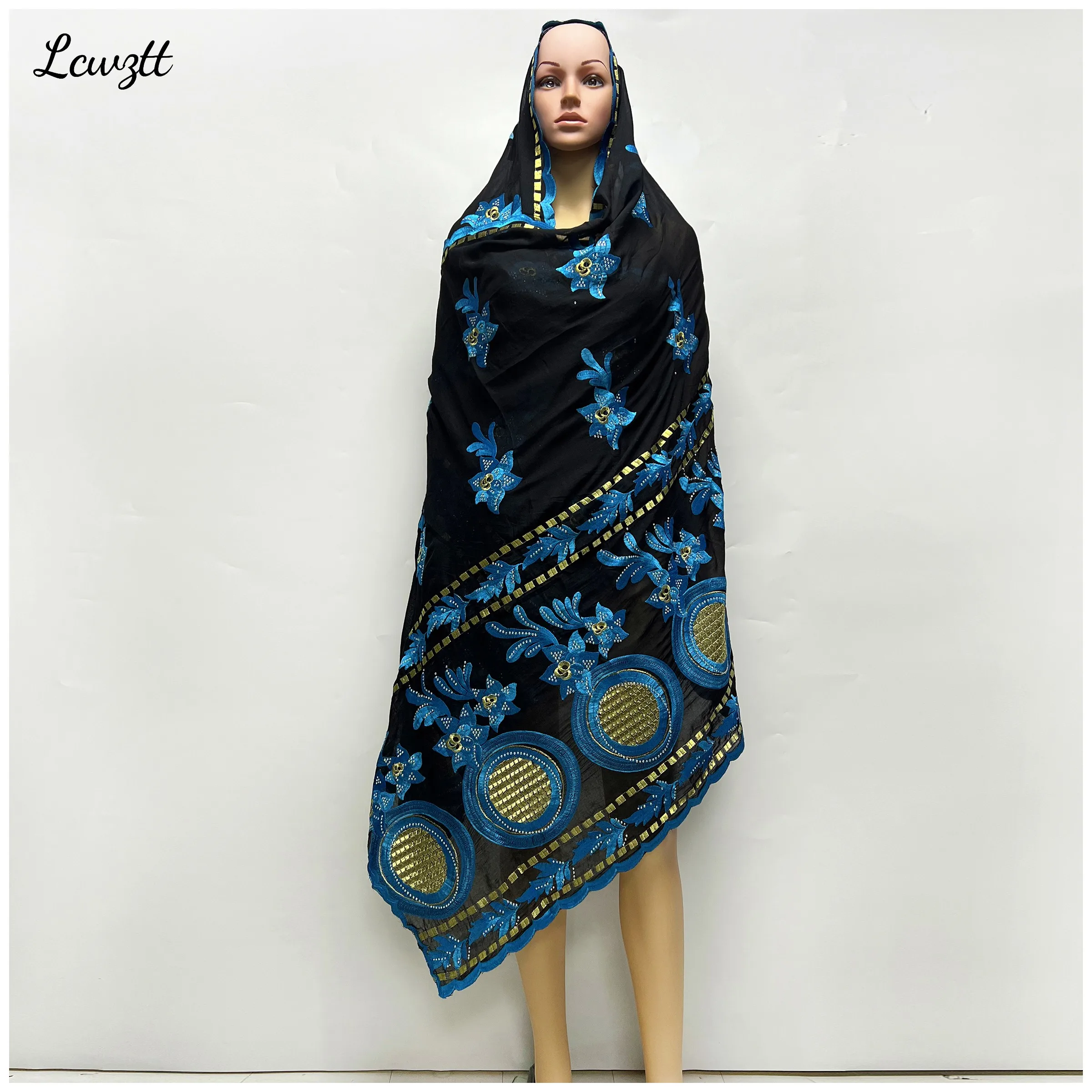 

Latest Fashion Hot Sale African Women Scarfs Big Circle Design Big Embrodiery Cotton Big Size Muslim Scarf for Shawls Pashmina