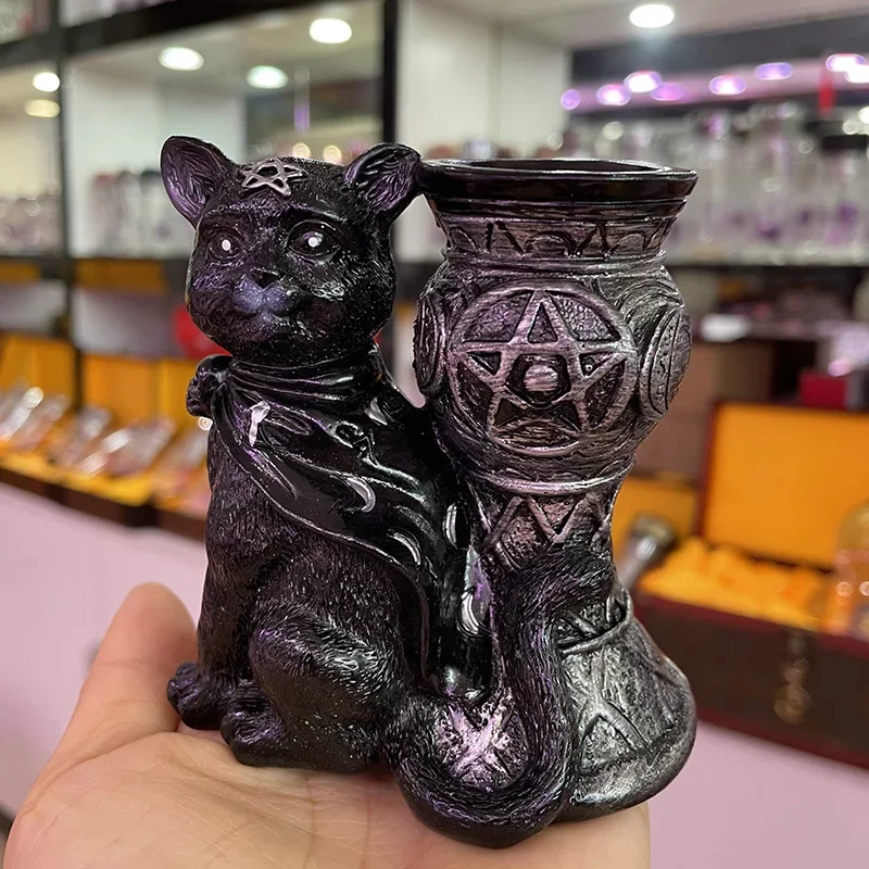 Witch Cat Crystal Ball Holder Resin Triple Moon Sphere Stand Altar Decor 4 Inch