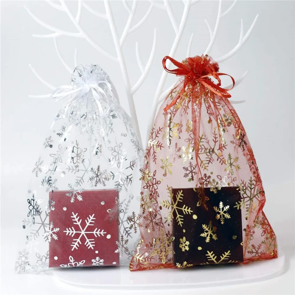 

50pcs/lot Christmas Organza Jewelry Bags Drawstring Transparent Earring Packaging Bags Snowflake Print Candy Pouches