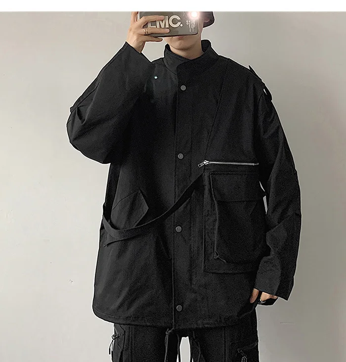 jeans jacket for men Pocket Zipper Ribbon Jacket Coats Men Loose Oversized Windbreaker Coat Hip Hop Streetwear Casual Outwear Black jackets